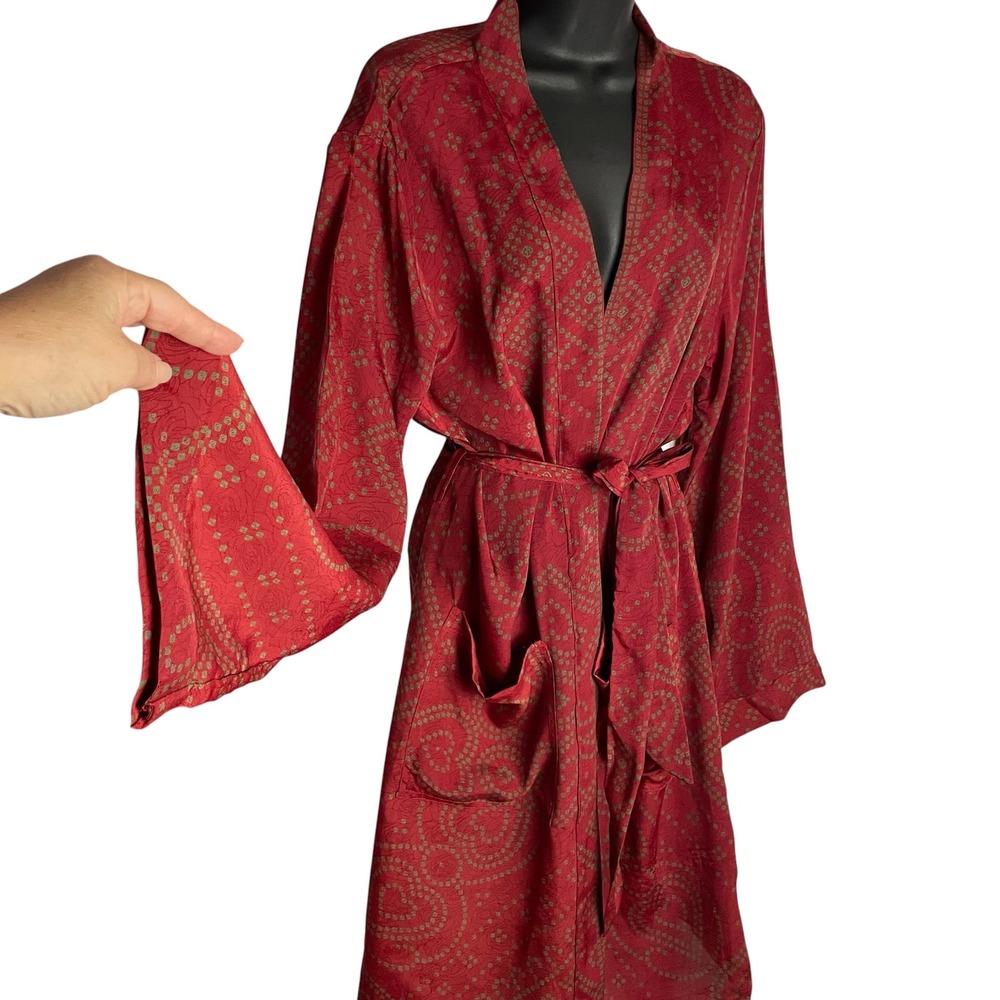 Earthbound Trading Co Womens Silk Robe Kimono Sz L Red Abstract Bell Sleeve Boho